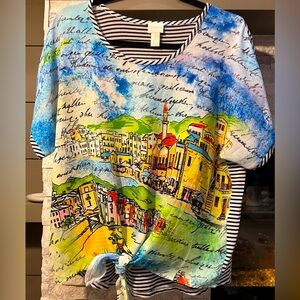 Chico short sleeve tie waist graphic print shirt, size 1 or an 8